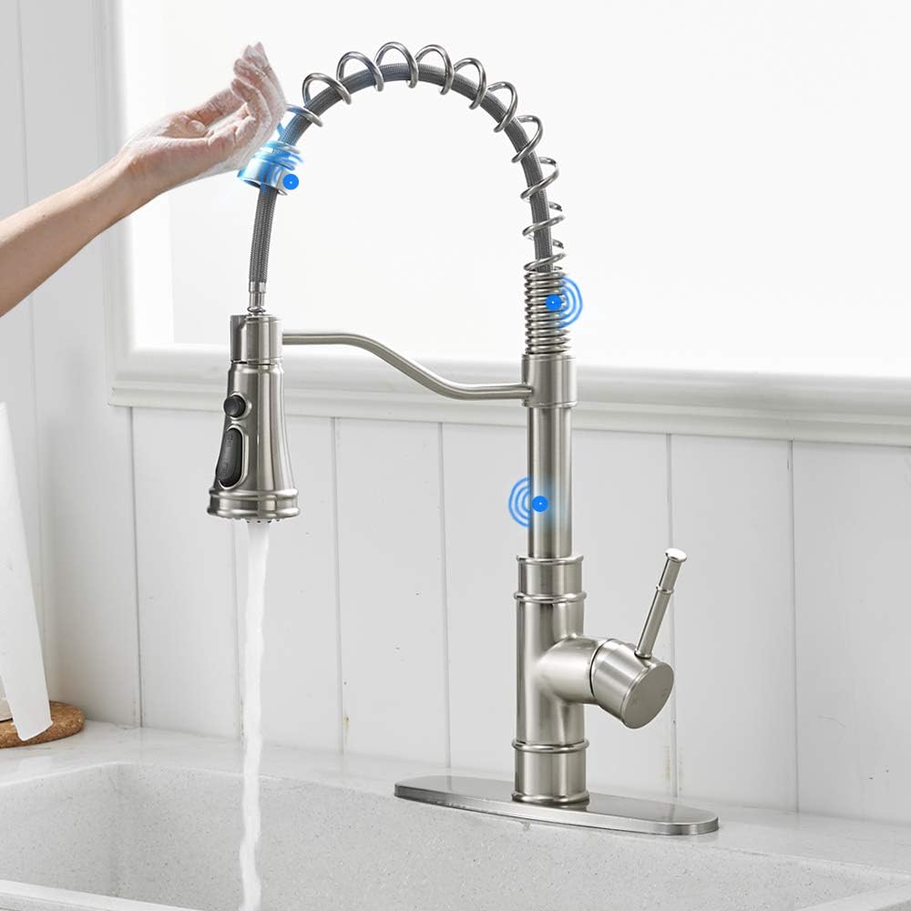 OWOFAN Touchless Kitchen Faucet with Pull Down Sprayer LED Light Single Handle Kitchen Sink Faucet Motion Sensor Smart Hands-Free, Stainless Steel Brushed Nickel 1080SN