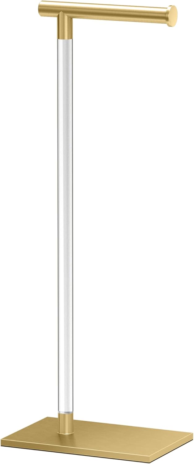 Gatco 1431B, Modern Rectangle Base Freestanding Toilet Paper Holder, 22.25”, Brushed Brass/Free Standing Toilet Tissue Holder Stand with Weighted Base