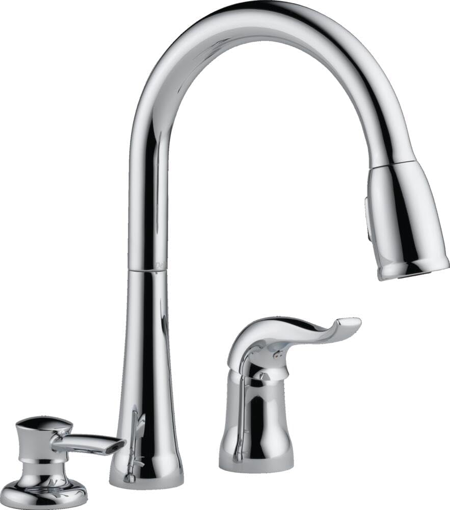 Delta Kate Brushed Nickel Kitchen Faucet with Pull Down Sprayer and Soap Disperser, Modern Two Hole Kitchen Sink Faucet, Single Handle, Stainless 16970-SSSD-DST