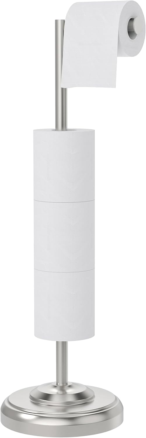 Toilet Paper Holder Stand, Brushed Brass Toilet Paper Holder Free Standing, Post Pivoting Design & Stable Weighted Base SUS304 Stainless Steel for Bathroom(Mega Roll)