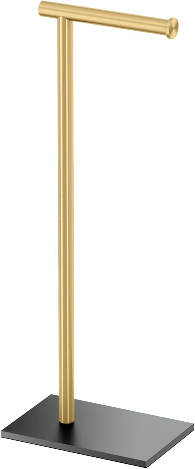 Gatco 1431B, Modern Rectangle Base Freestanding Toilet Paper Holder, 22.25”, Brushed Brass/Free Standing Toilet Tissue Holder Stand with Weighted Base