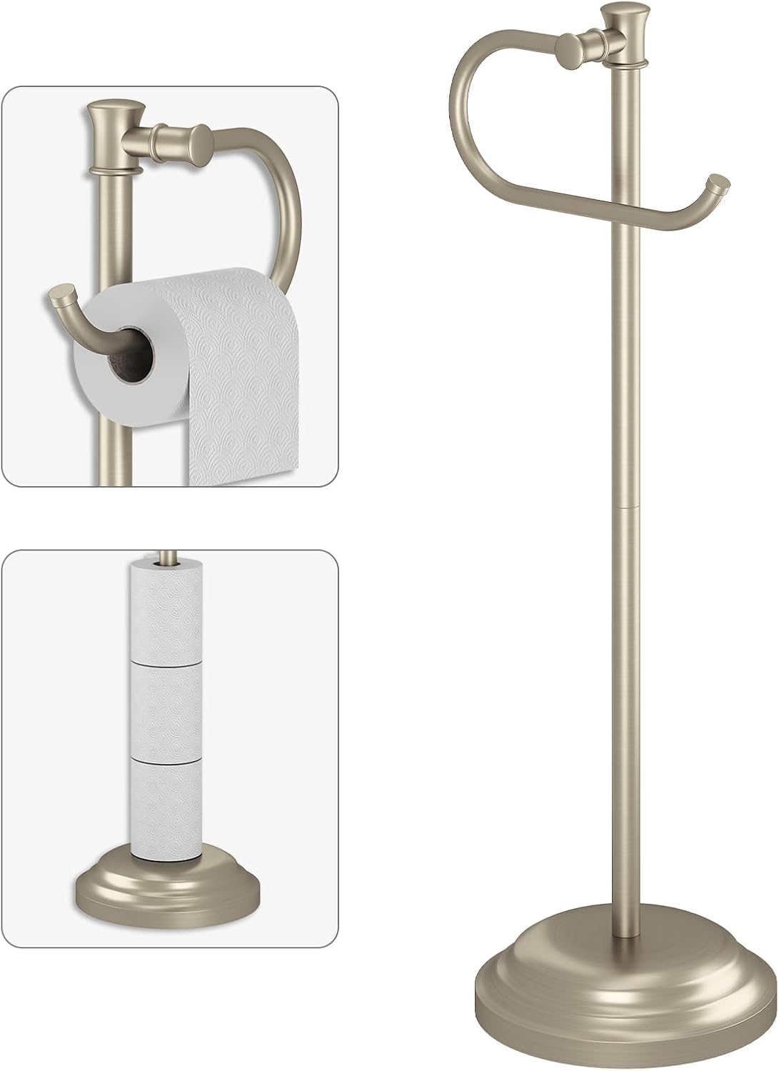 BESy Toilet Paper Holder Free Standing Bathroom Toilet Tissue Holder Stand for Floor Toilet Paper Roll Holder with Storage Hardware Accessories Rack Hand Towel Bar Brushed Gold Stainless Steel