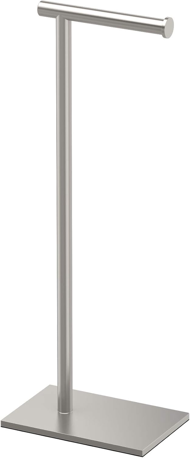 Gatco 1431B, Modern Rectangle Base Freestanding Toilet Paper Holder, 22.25”, Brushed Brass/Free Standing Toilet Tissue Holder Stand with Weighted Base