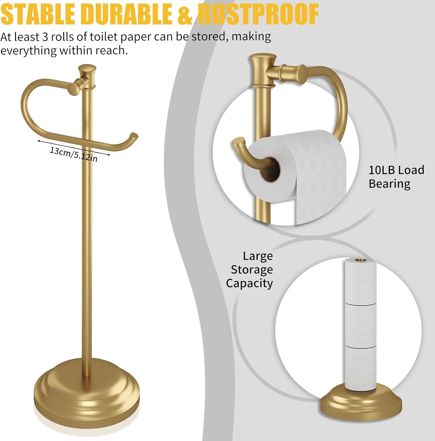 BESy Toilet Paper Holder Free Standing Bathroom Toilet Tissue Holder Stand for Floor Toilet Paper Roll Holder with Storage Hardware Accessories Rack Hand Towel Bar Brushed Gold Stainless Steel