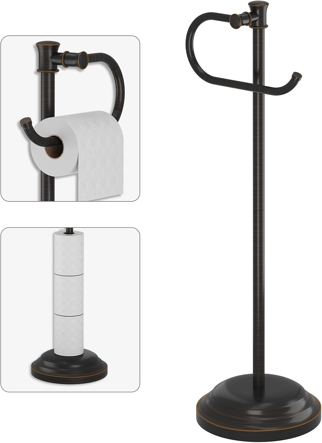 BESy Toilet Paper Holder Free Standing Bathroom Toilet Tissue Holder Stand for Floor Toilet Paper Roll Holder with Storage Hardware Accessories Rack Hand Towel Bar Brushed Gold Stainless Steel