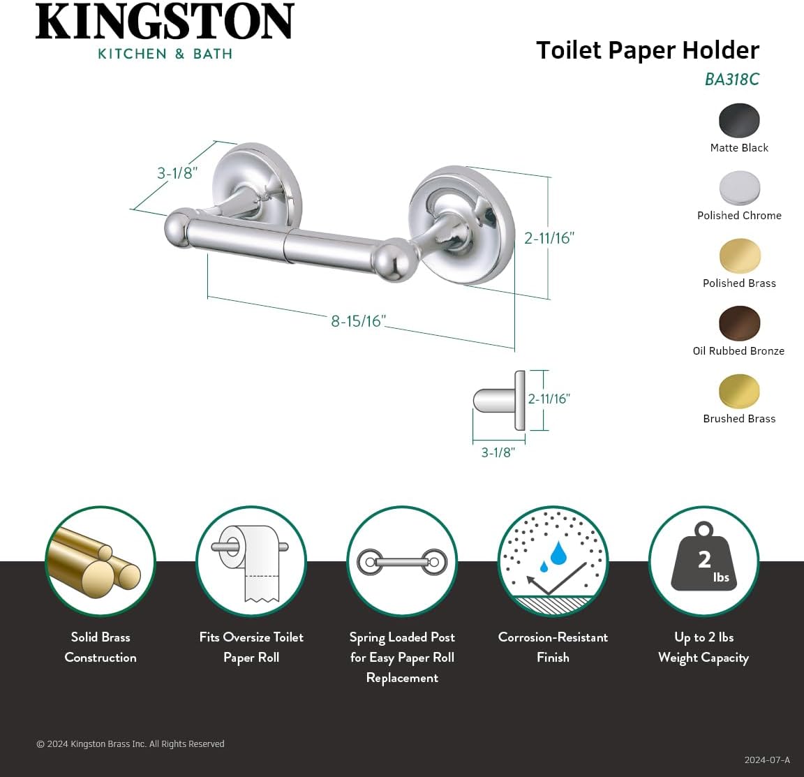Kingston Brass BA318PB Classic Toilet Paper Holder, Polished Brass,9-1/4" Length