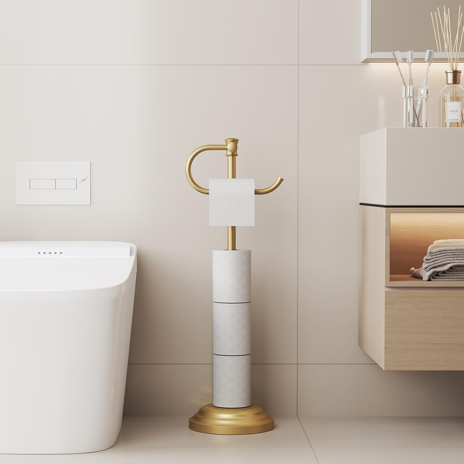 BESy Toilet Paper Holder Free Standing Bathroom Toilet Tissue Holder Stand for Floor Toilet Paper Roll Holder with Storage Hardware Accessories Rack Hand Towel Bar Brushed Gold Stainless Steel