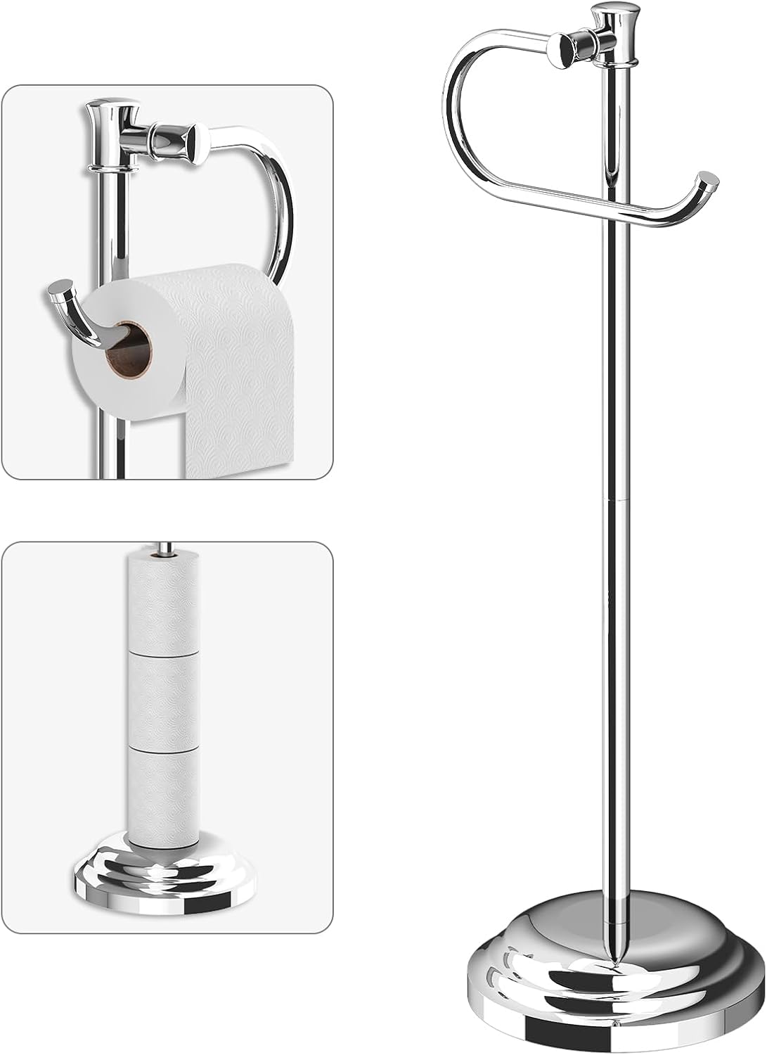 BESy Toilet Paper Holder Free Standing Bathroom Toilet Tissue Holder Stand for Floor Toilet Paper Roll Holder with Storage Hardware Accessories Rack Hand Towel Bar Brushed Gold Stainless Steel
