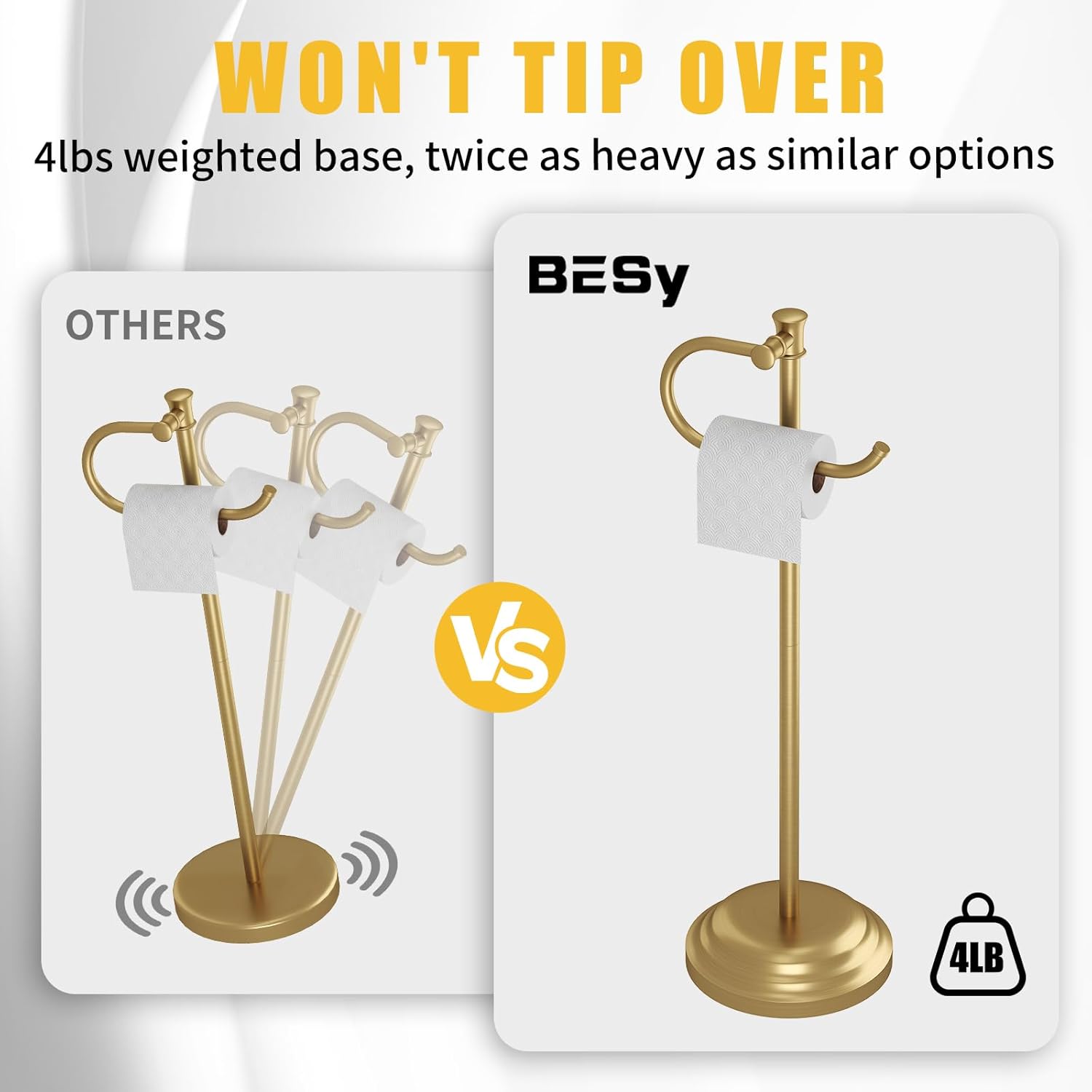 BESy Toilet Paper Holder Free Standing Bathroom Toilet Tissue Holder Stand for Floor Toilet Paper Roll Holder with Storage Hardware Accessories Rack Hand Towel Bar Brushed Gold Stainless Steel