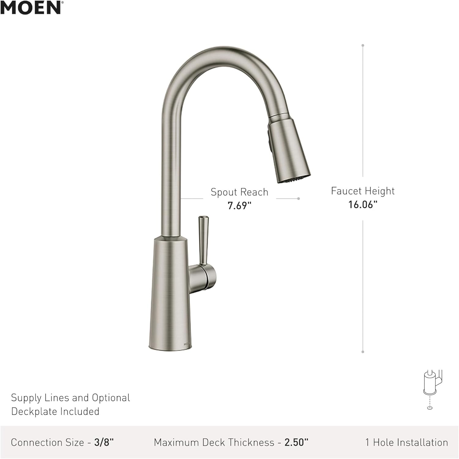 Moen Riley Chrome One-Handle Pulldown Kitchen Faucet Featuring Power Boost for a Faster Clean and Reflex Docking System for the Spray Head, Modern Kitchen Sink Faucet, 7402C