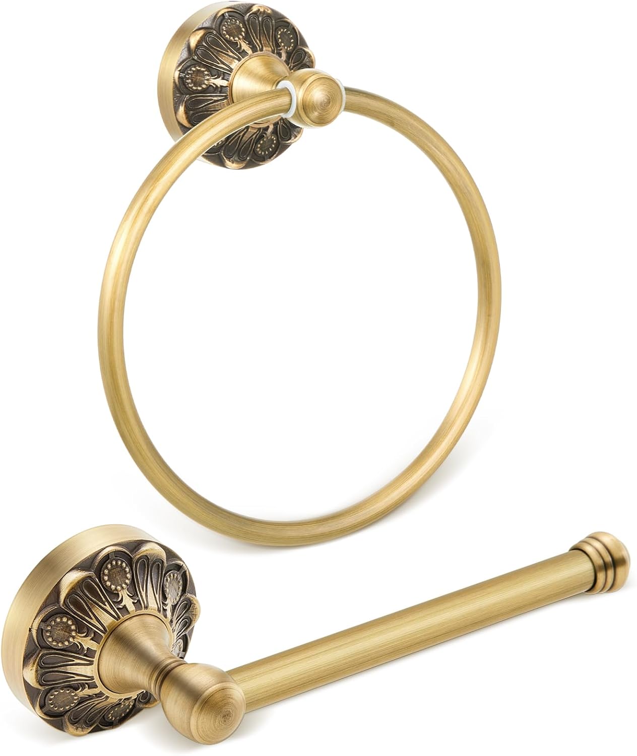 2 Pieces Set Antique Brass Toilet Paper Holder Retro Brass Hand Towel Ring Tissue Roll Paper Hanger Bathroom Hardware Wall Mounted Vintage Bathroom Accessories(Rectangle)