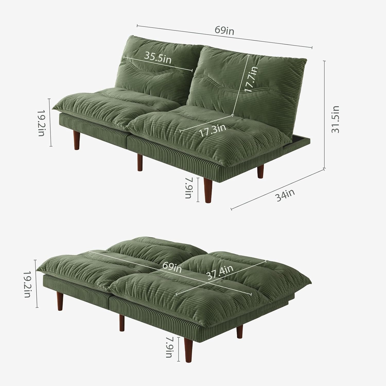 Futon Sofa Bed, 69 inch Futon Couch with Adjustable Backrest, Corduroy Convertible Sleeper Sofa Bed, Folding Sleeper Recliner for Apartment, Living Room, Office, Green