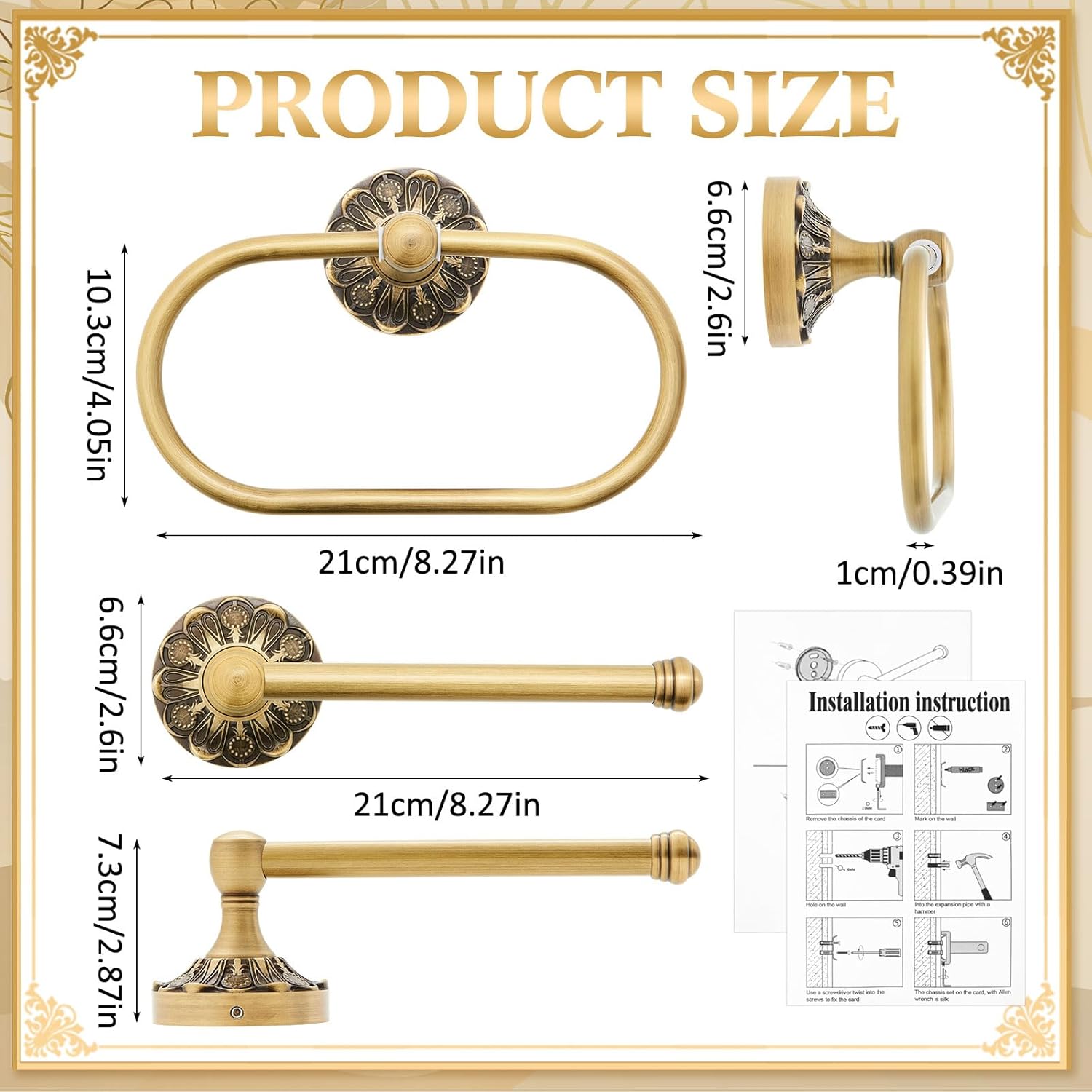 2 Pieces Set Antique Brass Toilet Paper Holder Retro Brass Hand Towel Ring Tissue Roll Paper Hanger Bathroom Hardware Wall Mounted Vintage Bathroom Accessories(Rectangle)