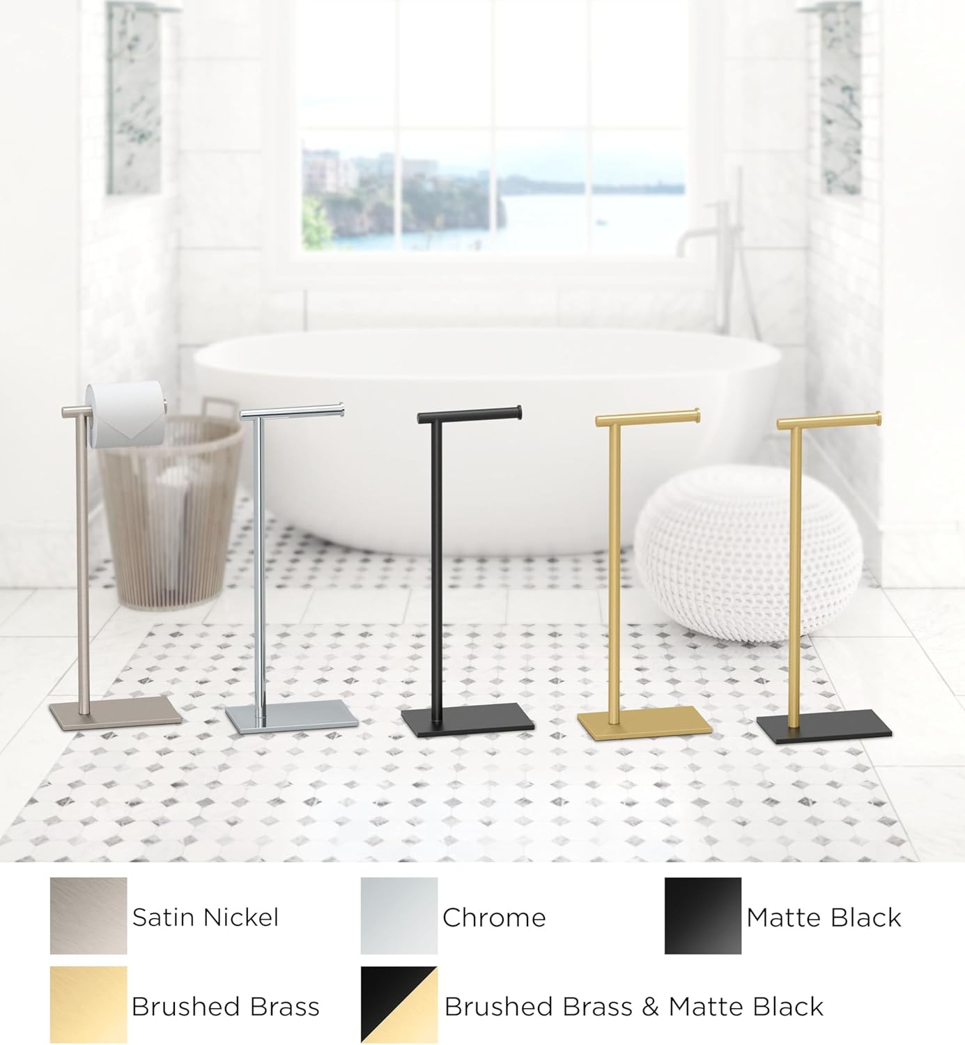Gatco 1431B, Modern Rectangle Base Freestanding Toilet Paper Holder, 22.25”, Brushed Brass/Free Standing Toilet Tissue Holder Stand with Weighted Base