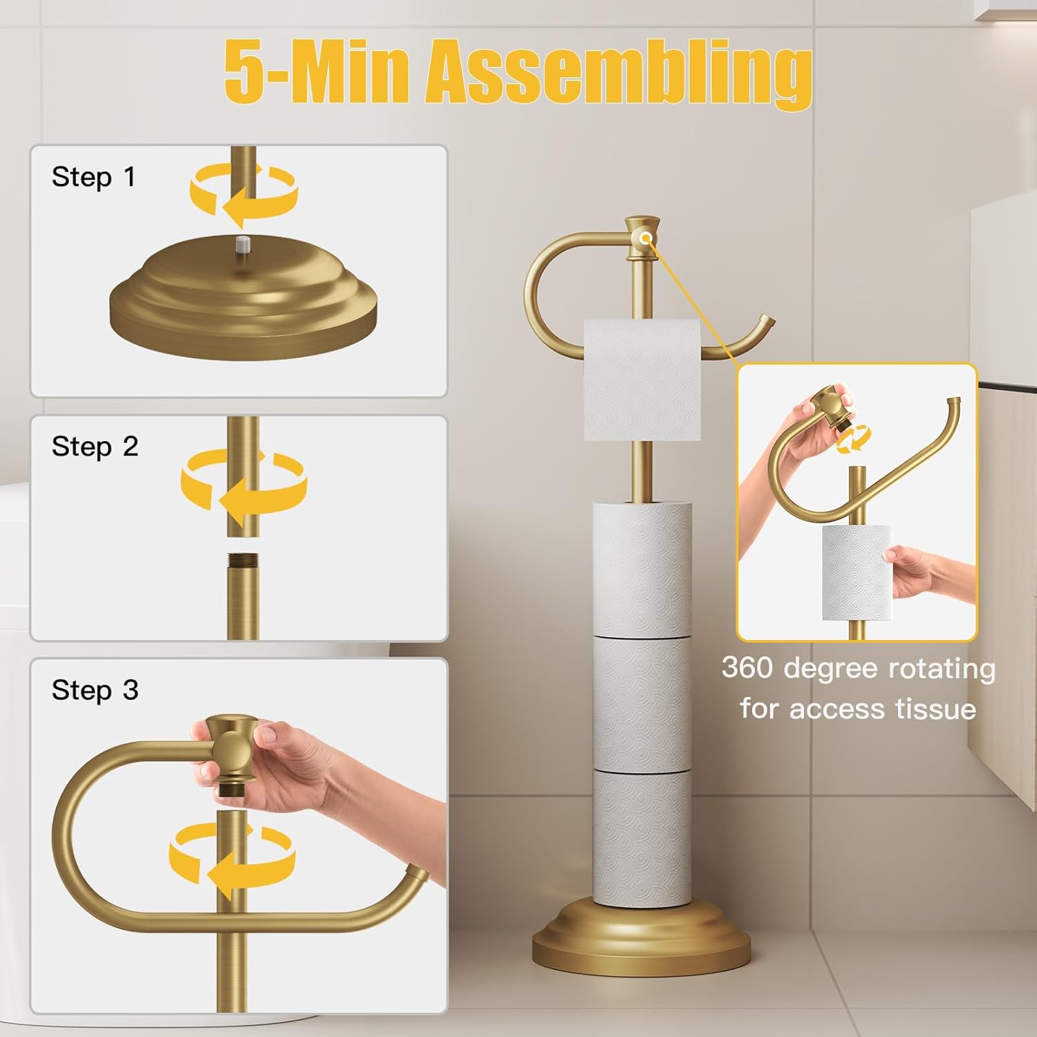 BESy Toilet Paper Holder Free Standing Bathroom Toilet Tissue Holder Stand for Floor Toilet Paper Roll Holder with Storage Hardware Accessories Rack Hand Towel Bar Brushed Gold Stainless Steel