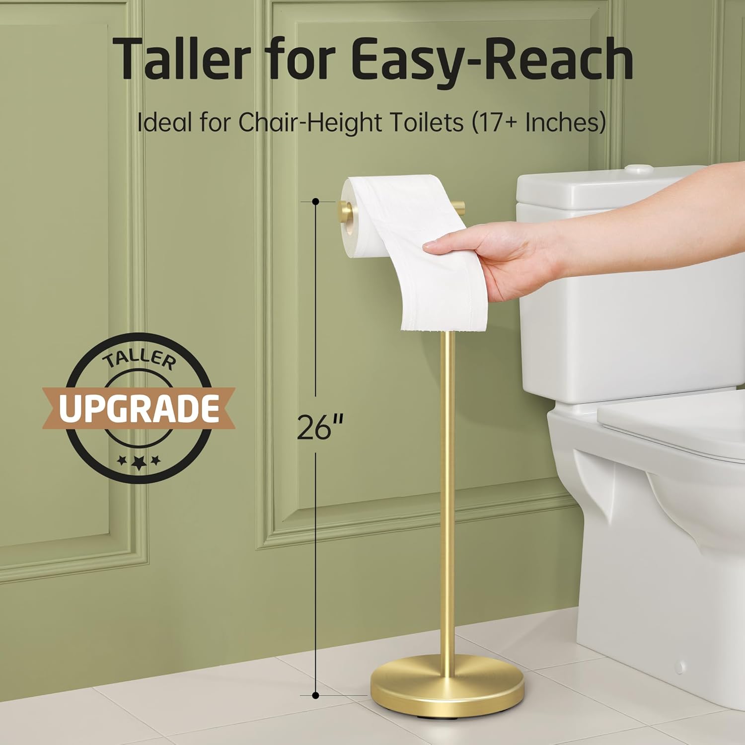 KES Gold Toilet Paper Holder Stand 26" H (Taller Version), Free Standing Toilet Paper Roll Holder with Weighted Base for Bathroom, Rustproof SUS304 Stainless Steel Brushed Gold, BPH283S66-BZ