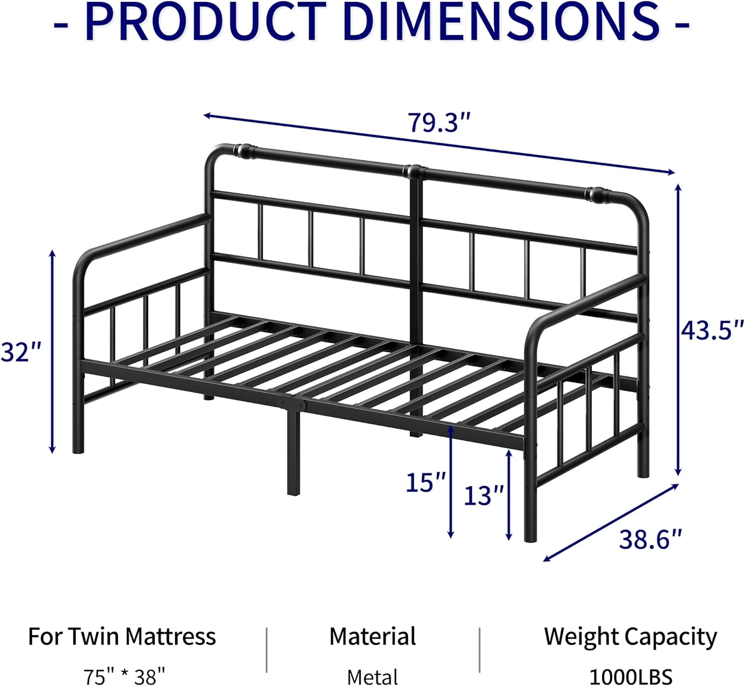 Daybed-Frame, Twin-Daybed with Classic-Headboard - Heavy Duty Steel Slats,Metal Sofa Bed Frame for Living Room Bedroom Guest Room, Easy Assembly(Black)