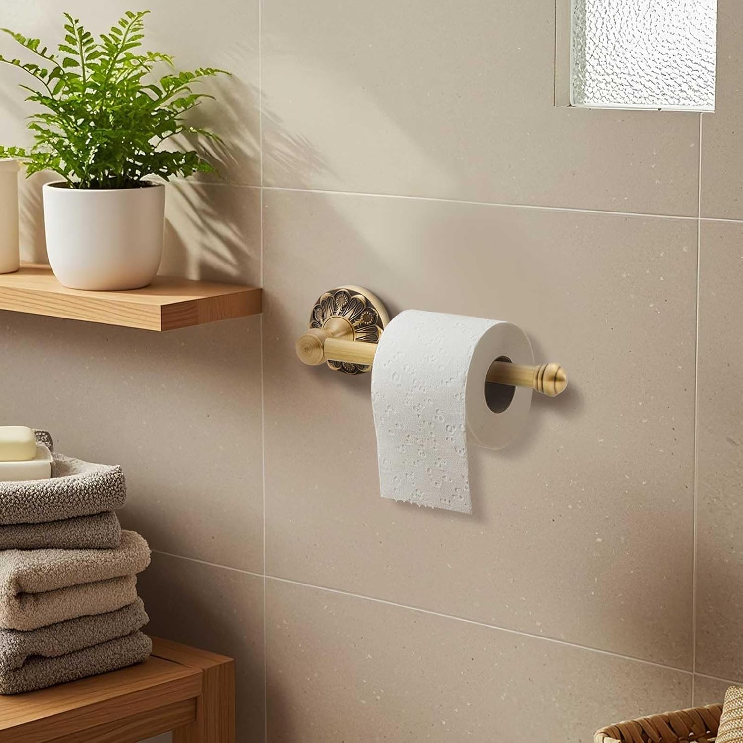 2 Pieces Set Antique Brass Toilet Paper Holder Retro Brass Hand Towel Ring Tissue Roll Paper Hanger Bathroom Hardware Wall Mounted Vintage Bathroom Accessories(Rectangle)
