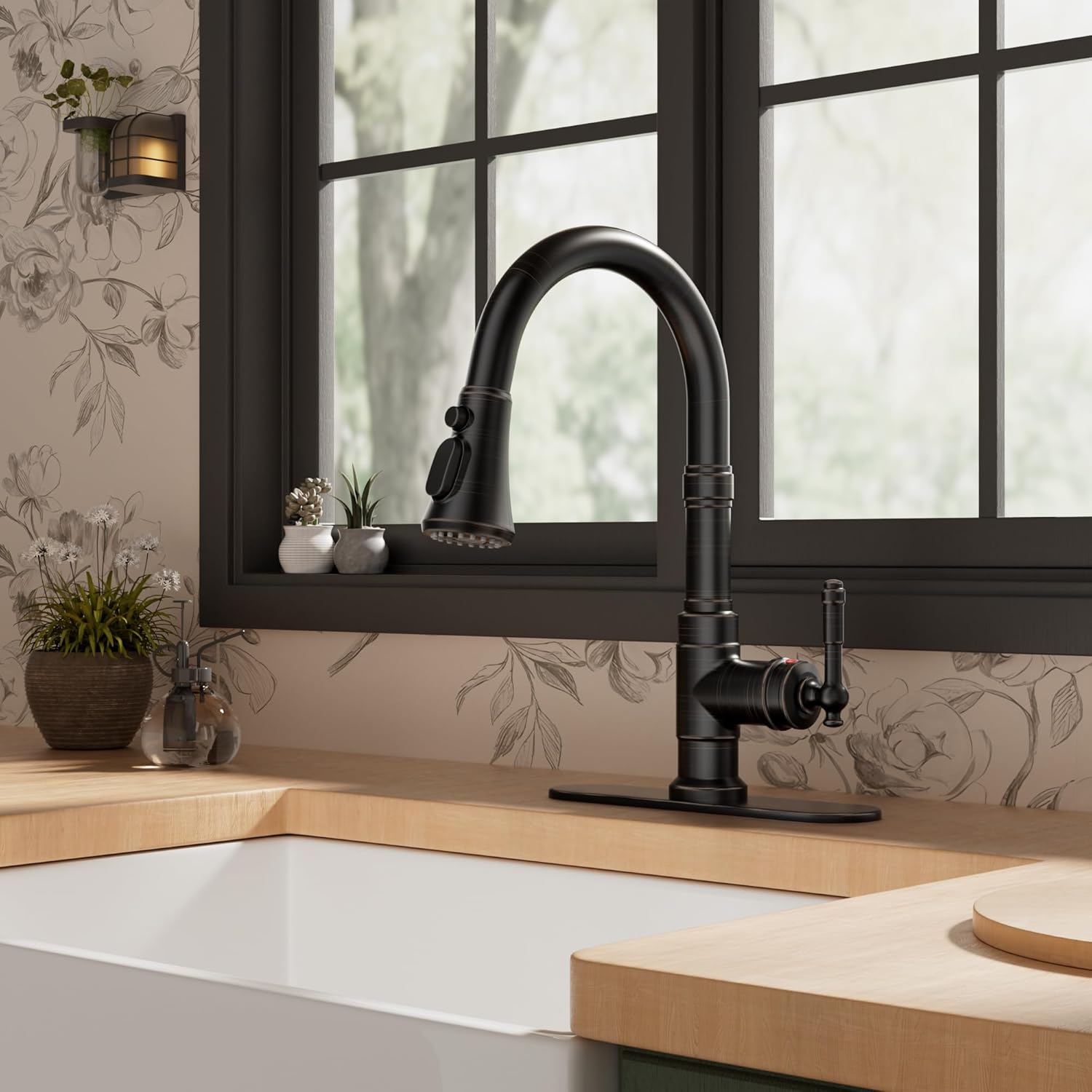 FORIOUS Vintage Kitchen Faucets with Pull Down Sprayer, Oil Rubbed Brown, High Arc Single Handle Stainless Steel Antique Pull Out Sink Faucet for Farmhouse Camper Rv Bar, Fit for 1 or 3 Hole
