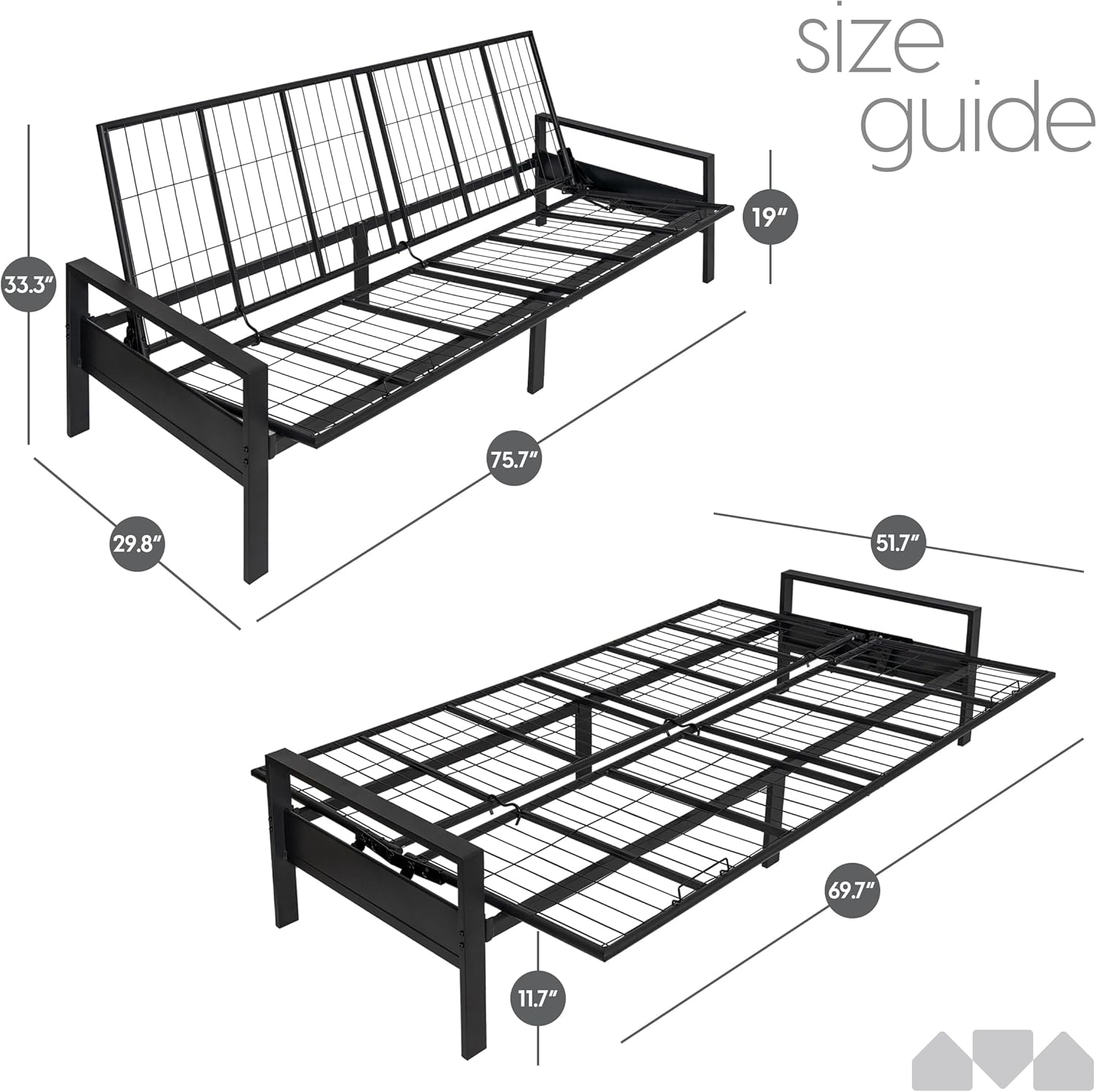 Milliard Metal Futon Frame – Full Size Futon Frame, Convertible Sofa Bed, Sleek Black Low-Profile Design, Space-Saving, Durable & Easy Assembly - Perfect for Modern Living, Apartments & Guest Rooms