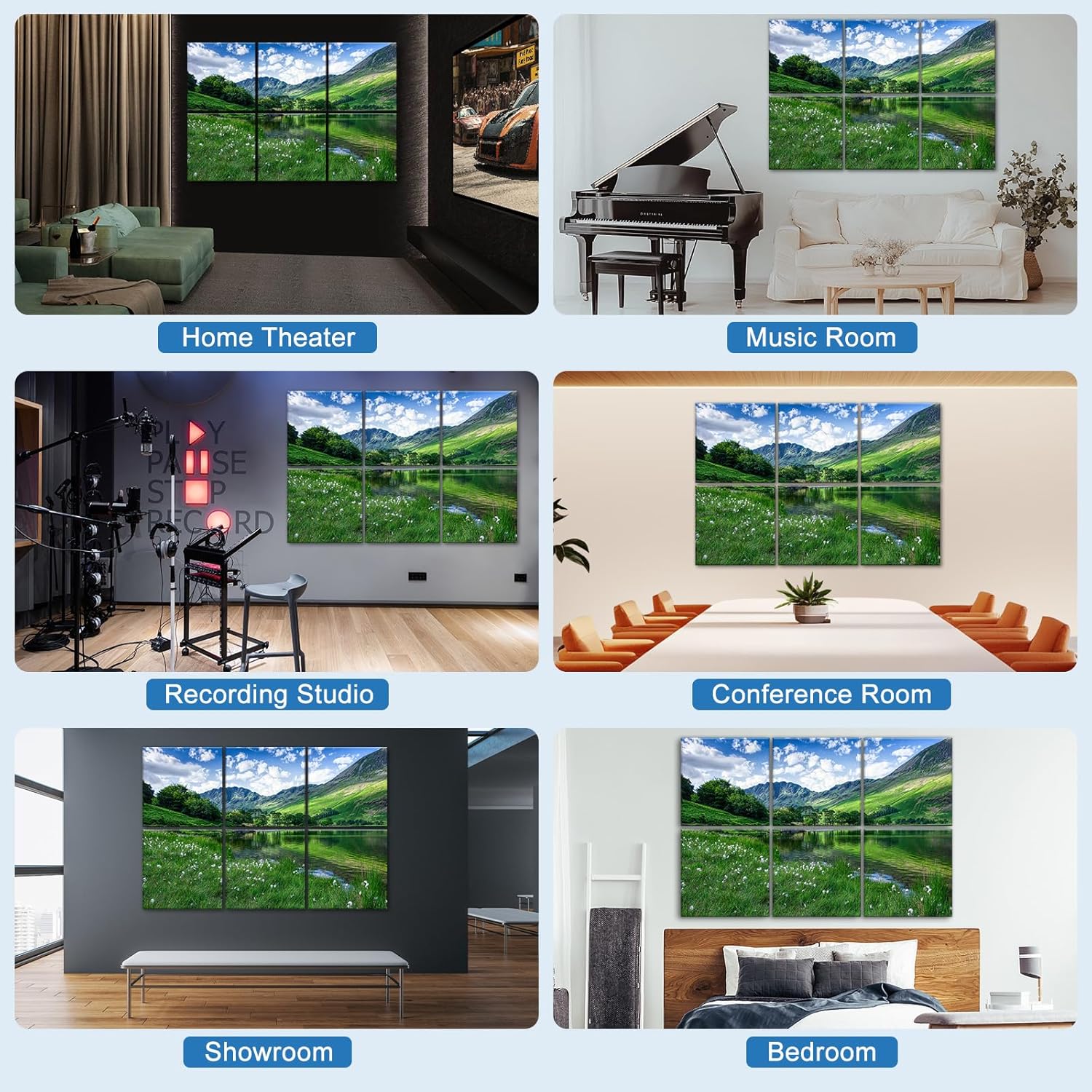 6 Pack Art Acoustic Panels Soundproof Wall Foam, 72X48 Inches Sound Absorbing Panels, Decorative Sound Blocker, Acoustic Treatment for Recording Studio, Adhesive Included, Green Landscape