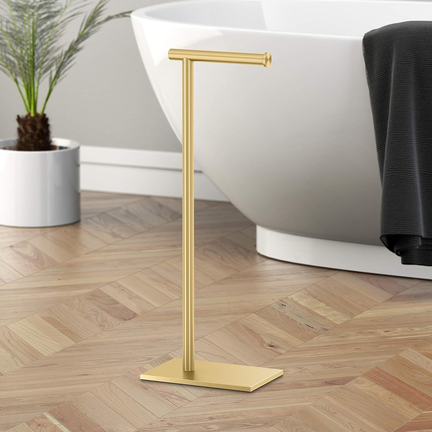Gatco 1431B, Modern Rectangle Base Freestanding Toilet Paper Holder, 22.25”, Brushed Brass/Free Standing Toilet Tissue Holder Stand with Weighted Base