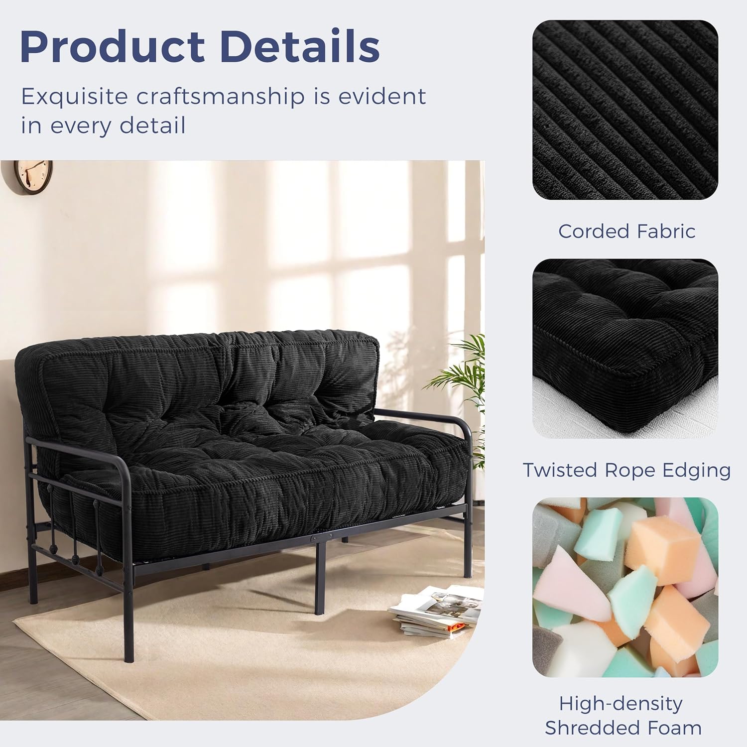 MAXYOYO 8" Futon Mattress Full Size, Ultra Thick Futons Sofa Couch Bed Tufted Sleeper Sofa Bed, Floor Mattress for Adults, Shredded Foam Filling (Frame Not Included), Black