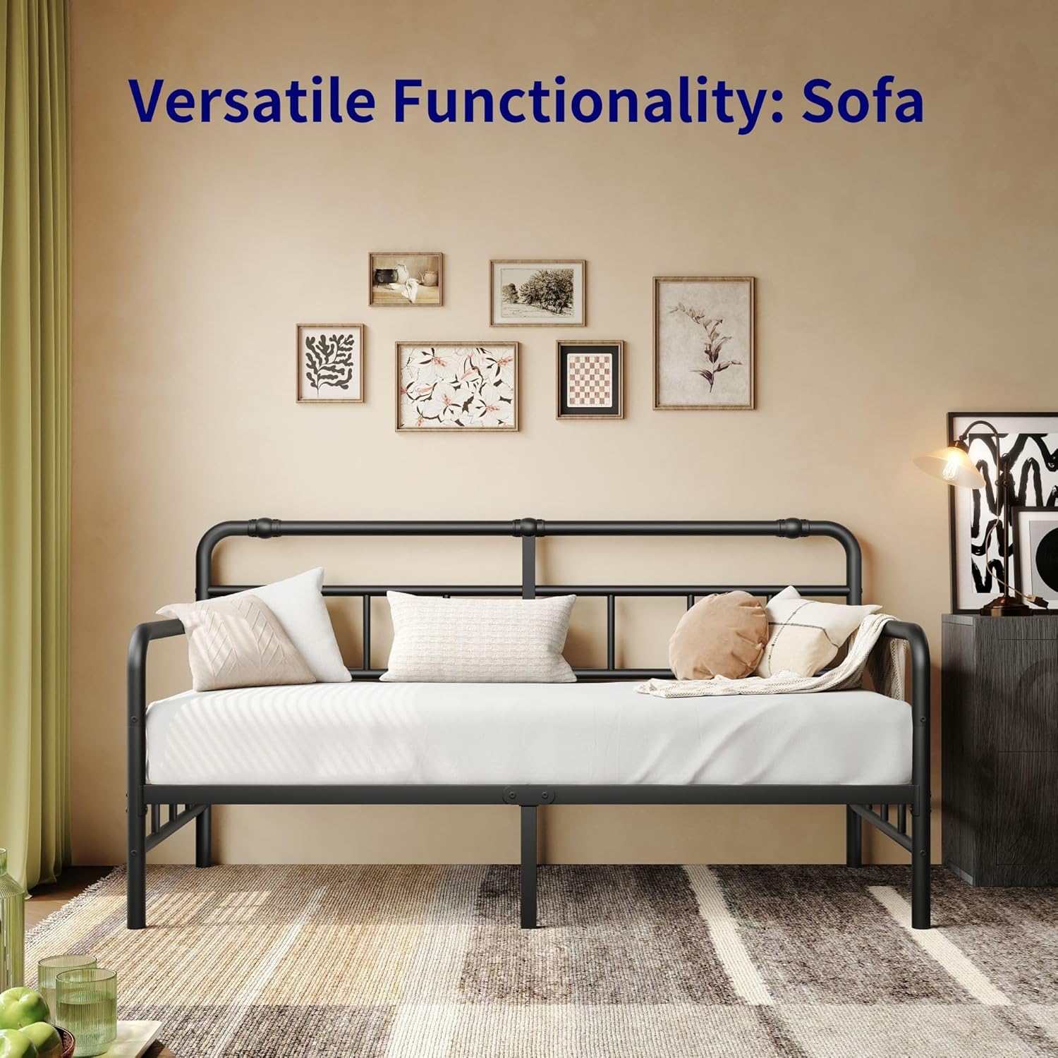Daybed-Frame, Twin-Daybed with Classic-Headboard - Heavy Duty Steel Slats,Metal Sofa Bed Frame for Living Room Bedroom Guest Room, Easy Assembly(Black)