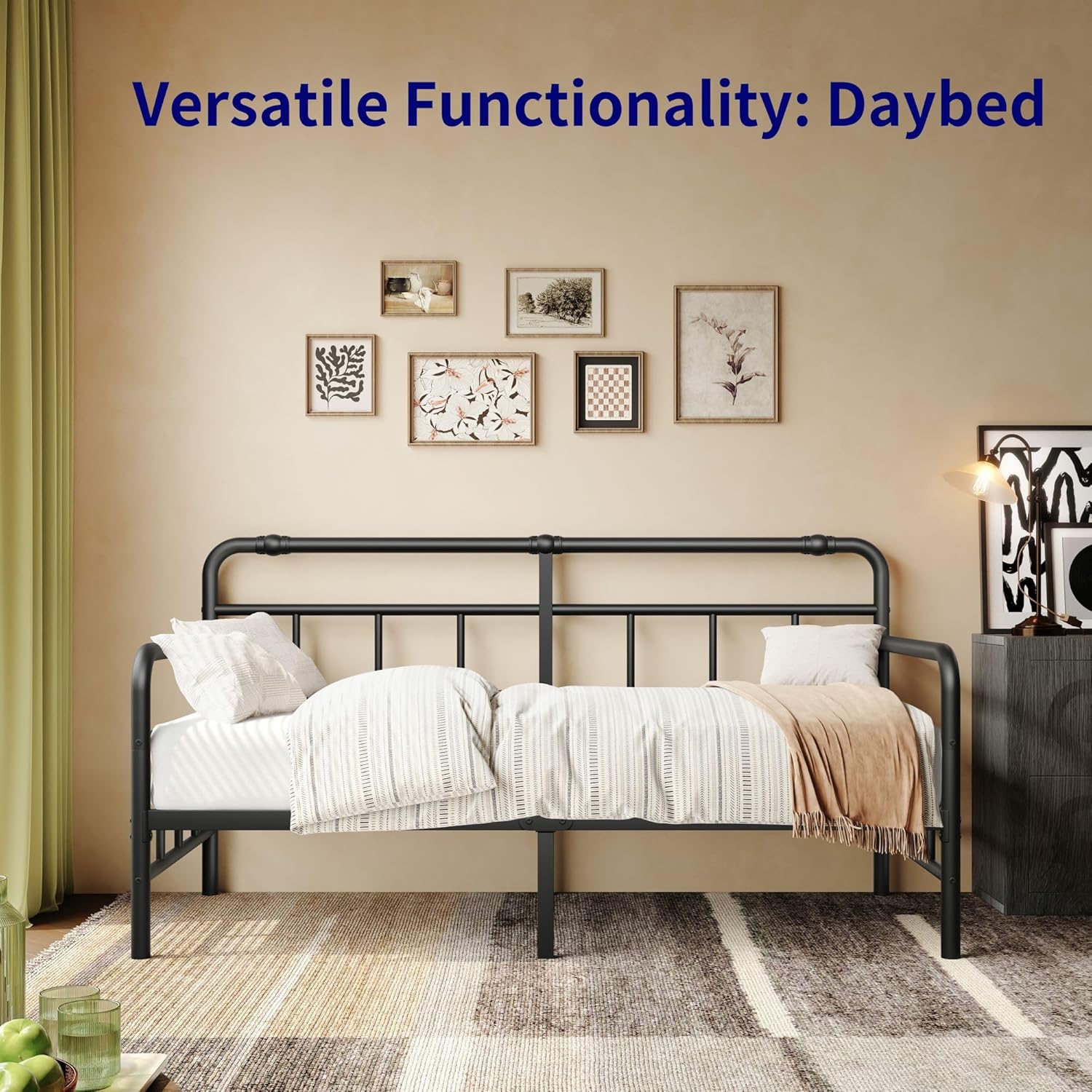 Daybed-Frame, Twin-Daybed with Classic-Headboard - Heavy Duty Steel Slats,Metal Sofa Bed Frame for Living Room Bedroom Guest Room, Easy Assembly(Black)
