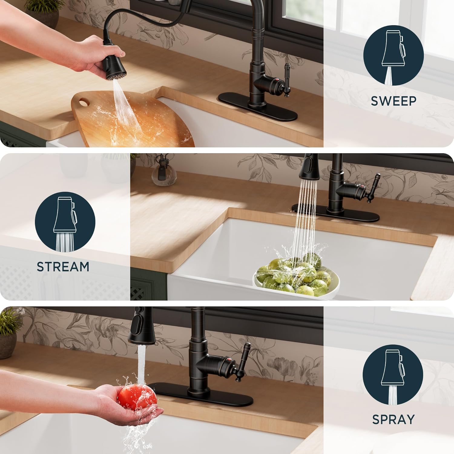 FORIOUS Vintage Kitchen Faucets with Pull Down Sprayer, Oil Rubbed Brown, High Arc Single Handle Stainless Steel Antique Pull Out Sink Faucet for Farmhouse Camper Rv Bar, Fit for 1 or 3 Hole
