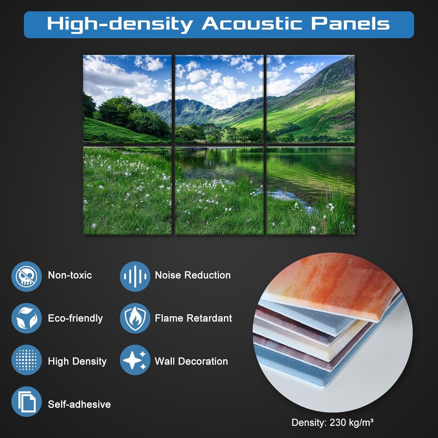 6 Pack Art Acoustic Panels Soundproof Wall Foam, 72X48 Inches Sound Absorbing Panels, Decorative Sound Blocker, Acoustic Treatment for Recording Studio, Adhesive Included, Green Landscape