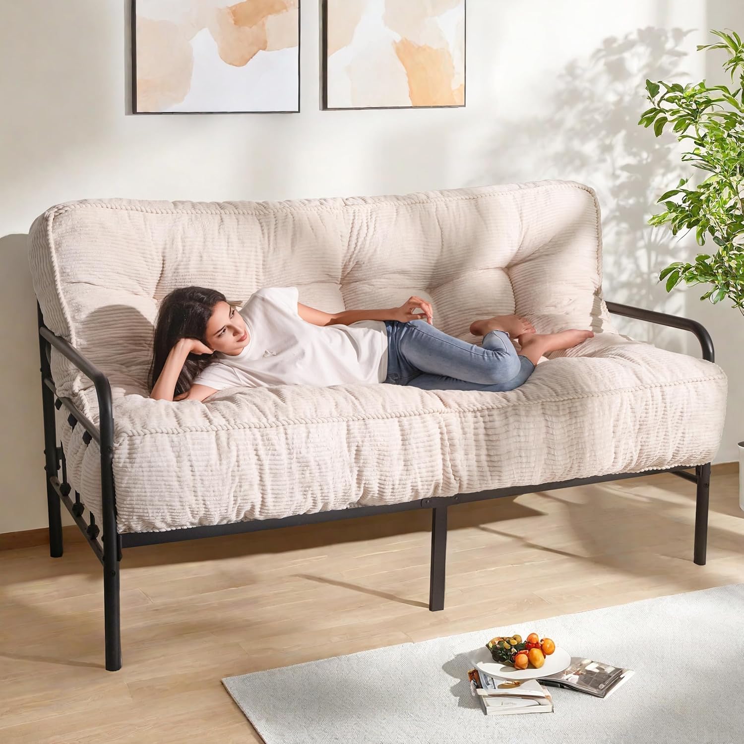 MAXYOYO 8" Futon Mattress Full Size, Ultra Thick Futons Sofa Couch Bed Tufted Sleeper Sofa Bed, Floor Mattress for Adults, Shredded Foam Filling (Frame Not Included), Black