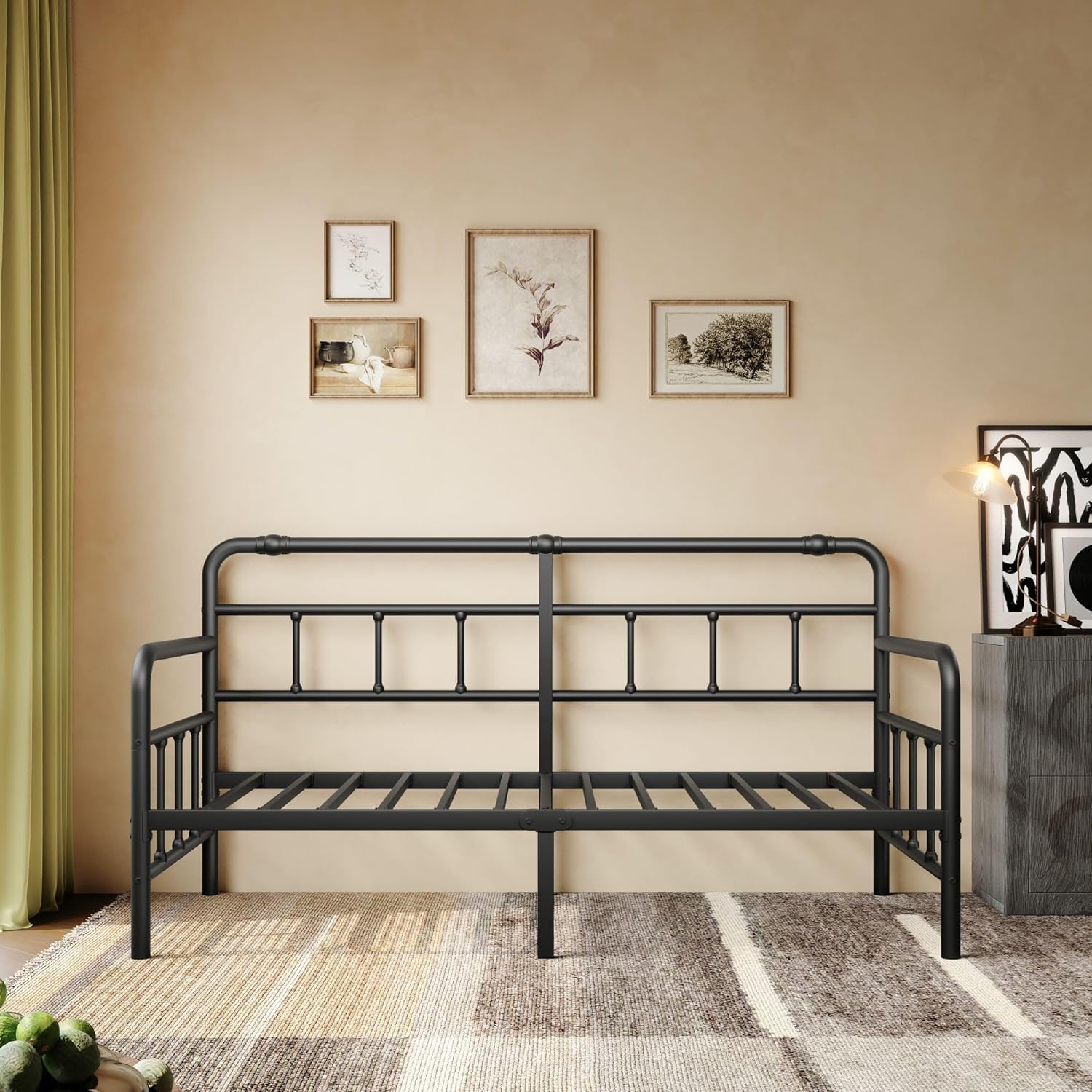 Daybed-Frame, Twin-Daybed with Classic-Headboard - Heavy Duty Steel Slats,Metal Sofa Bed Frame for Living Room Bedroom Guest Room, Easy Assembly(Black)