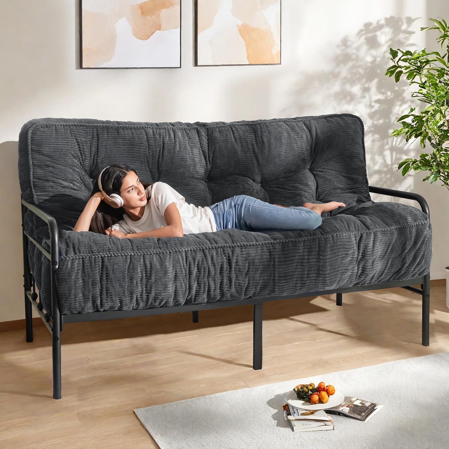 MAXYOYO 8" Futon Mattress Full Size, Ultra Thick Futons Sofa Couch Bed Tufted Sleeper Sofa Bed, Floor Mattress for Adults, Shredded Foam Filling (Frame Not Included), Black