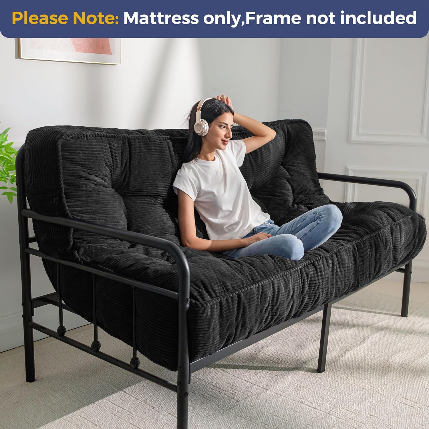 MAXYOYO 8" Futon Mattress Full Size, Ultra Thick Futons Sofa Couch Bed Tufted Sleeper Sofa Bed, Floor Mattress for Adults, Shredded Foam Filling (Frame Not Included), Black