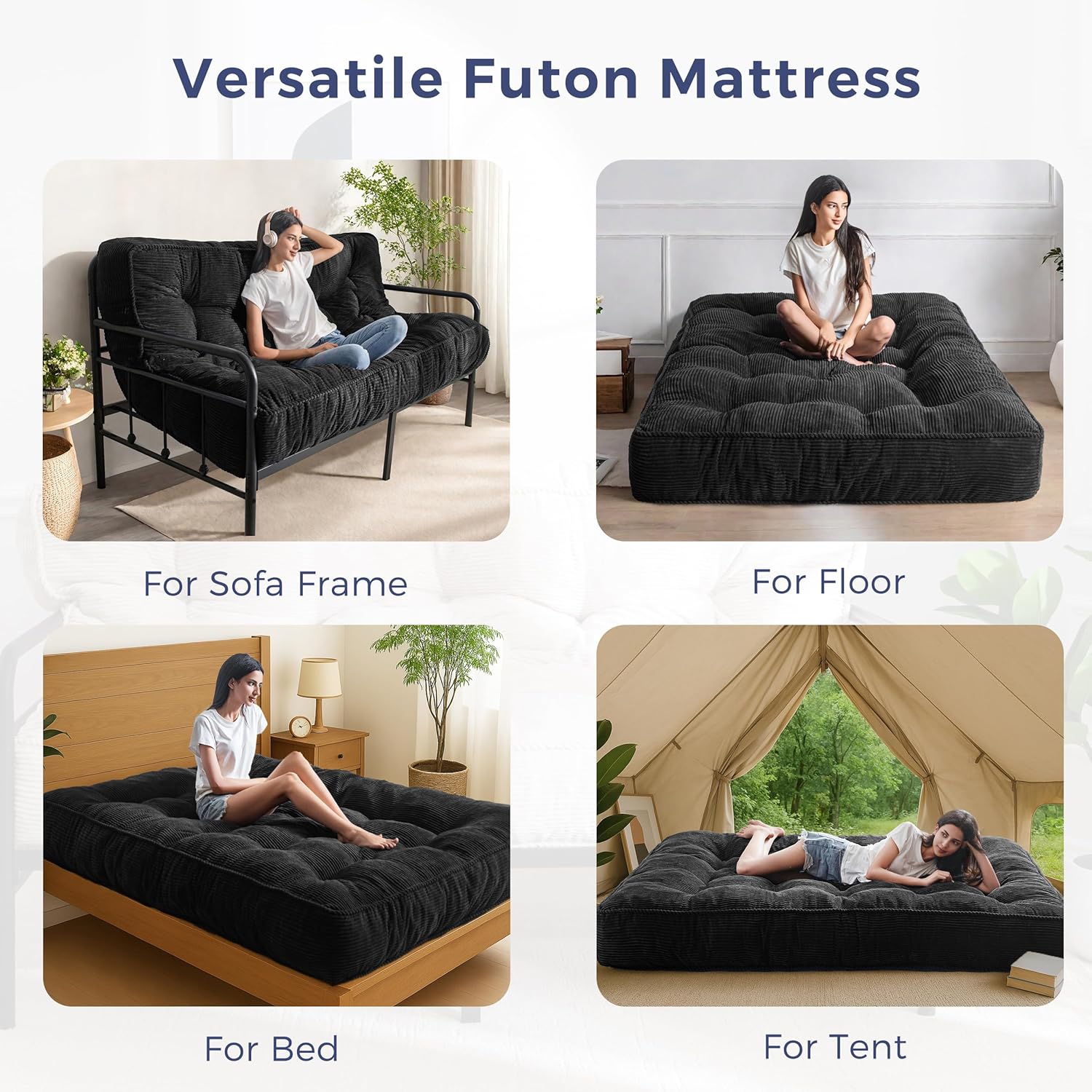 MAXYOYO 8" Futon Mattress Full Size, Ultra Thick Futons Sofa Couch Bed Tufted Sleeper Sofa Bed, Floor Mattress for Adults, Shredded Foam Filling (Frame Not Included), Black