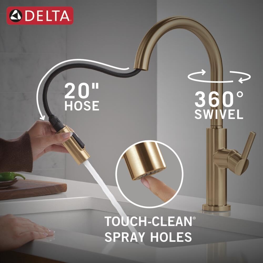 Delta Nicoli Brushed Gold Kitchen Faucet with Pull Down Sprayer, Modern Single Hole Kitchen Sink Faucet, Single Handle, Champagne Bronze 19867LF-CZ
