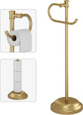 BESy Toilet Paper Holder Free Standing Bathroom Toilet Tissue Holder Stand for Floor Toilet Paper Roll Holder with Storage Hardware Accessories Rack Hand Towel Bar Brushed Gold Stainless Steel