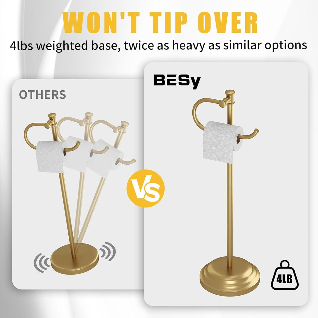 BESy Toilet Paper Holder Free Standing Bathroom Toilet Tissue Holder Stand for Floor Toilet Paper Roll Holder with Storage Hardware Accessories Rack Hand Towel Bar Brushed Gold Stainless Steel