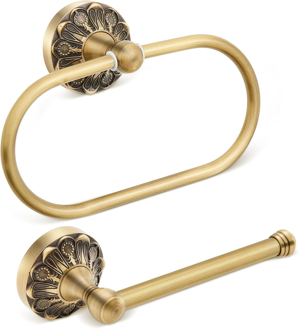2 Pieces Set Antique Brass Toilet Paper Holder Retro Brass Hand Towel Ring Tissue Roll Paper Hanger Bathroom Hardware Wall Mounted Vintage Bathroom Accessories(Rectangle)