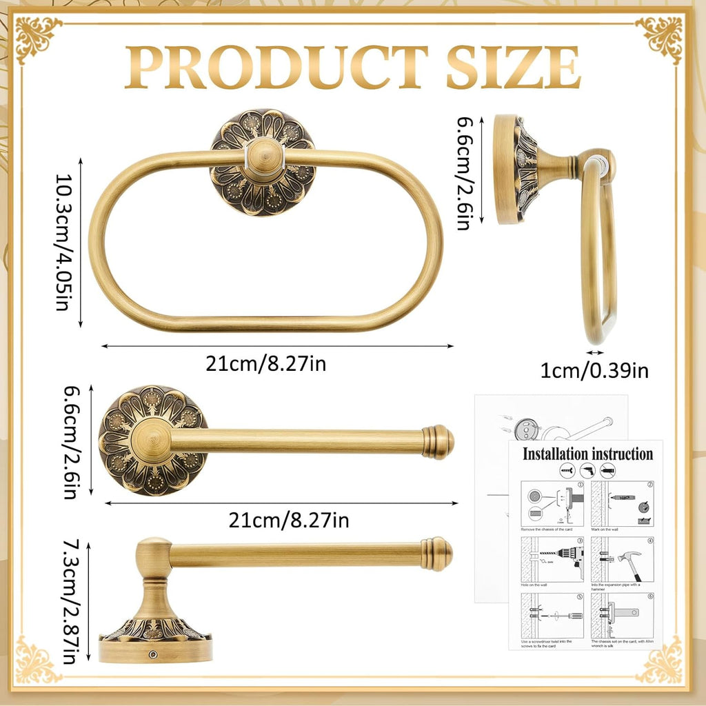 2 Pieces Set Antique Brass Toilet Paper Holder Retro Brass Hand Towel Ring Tissue Roll Paper Hanger Bathroom Hardware Wall Mounted Vintage Bathroom Accessories(Rectangle)