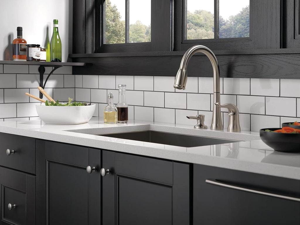 Delta Kate Brushed Nickel Kitchen Faucet with Pull Down Sprayer and Soap Disperser, Modern Two Hole Kitchen Sink Faucet, Single Handle, Stainless 16970-SSSD-DST