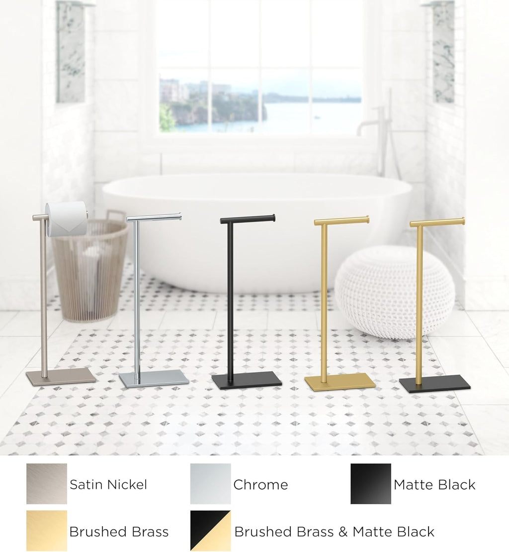 Gatco 1431B, Modern Rectangle Base Freestanding Toilet Paper Holder, 22.25”, Brushed Brass/Free Standing Toilet Tissue Holder Stand with Weighted Base