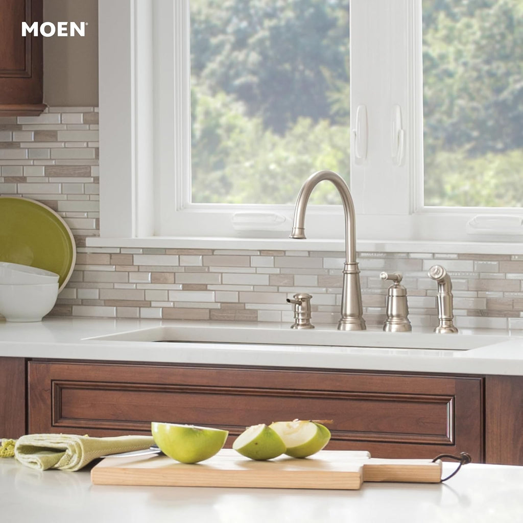 Moen 87042SRS Edison Spot Resist Stainless One-Handle High Arc 4-hole Kitchen Faucet with Side Sprayer and Soap Dispenser