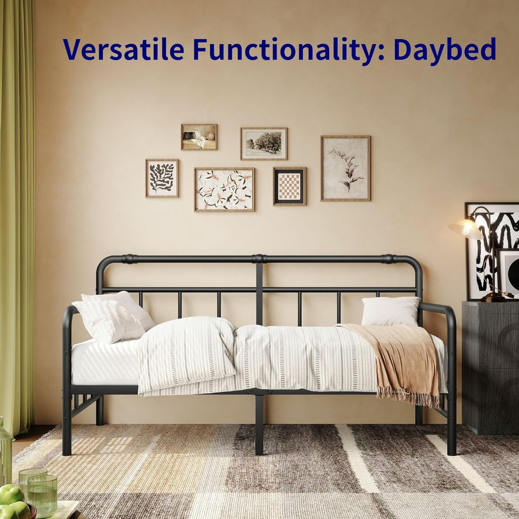 Daybed-Frame, Twin-Daybed with Classic-Headboard - Heavy Duty Steel Slats,Metal Sofa Bed Frame for Living Room Bedroom Guest Room, Easy Assembly(Black)
